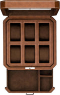 ROTHWELL 6 Slot Leather Watch Box with Valet Drawer - Luxury Case Display Organizer, Microsuede Liner, Locking Mens Jewelry Watches Holder, Men's Watch Storage Large Glass Top (Tan/Brown)