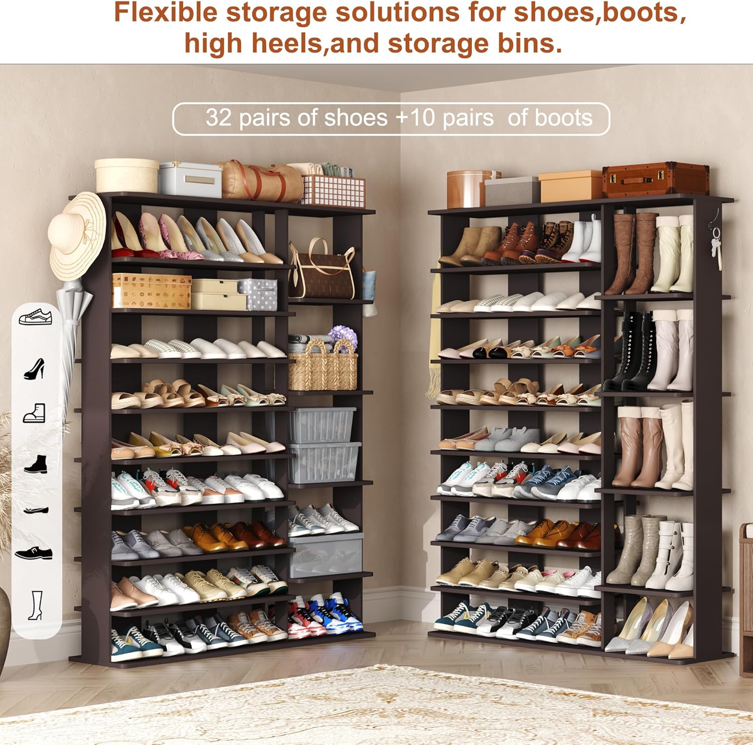 HOMEFORT 10 Tiers Shoe Rack, 50 Pairs Large Shoe Shelf, 61.8" Tall Shoe Tower, Freestanding Shoe Rack Organizer with Open Shelves, Wood Shoe Stand for Boot Storage, for Closet, Entryway, Espresso