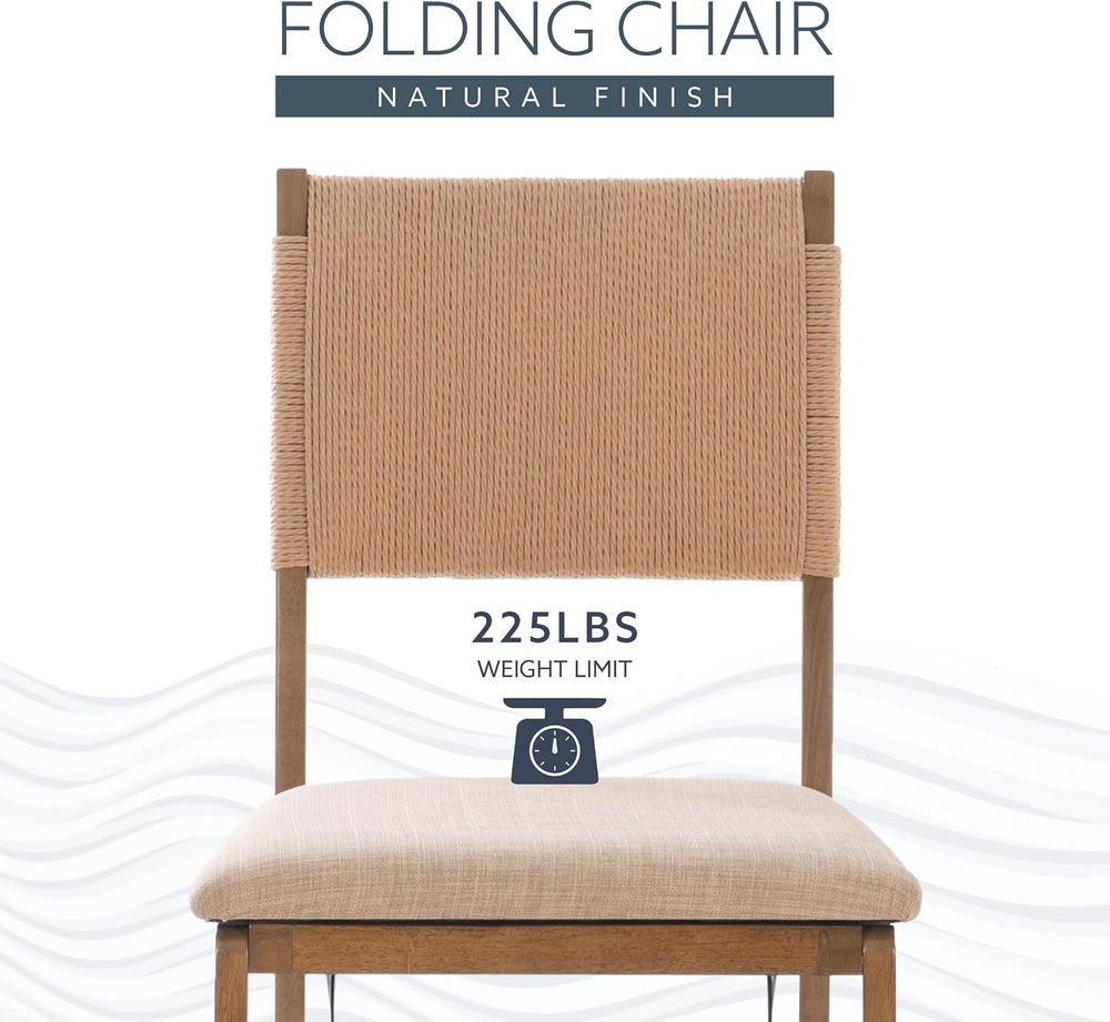 Bennett Natural Folding Chair with Rope Back and Linen Upholstered Seat Set o...