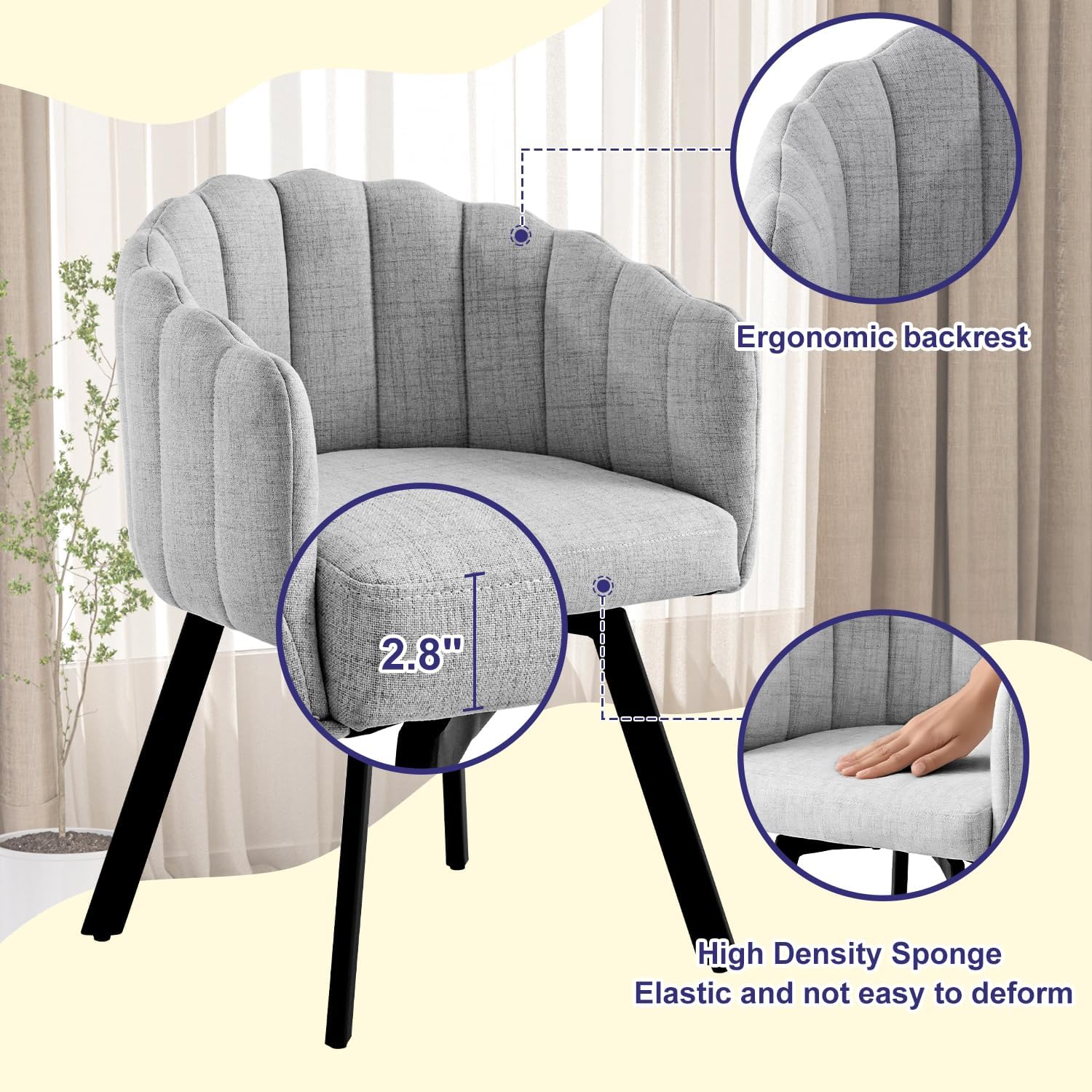 Swivel Dining Chairs Set of 2: Comfy Fabric Upholstered Metal Modern Accent Kitchen Chair with Arms & Back Black & Gray
