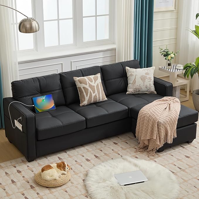 TYBOATLE Black Couch Sectional Couches w/Side Pockets for Living Room, Comfy Faux Leather Modular Convertible L Shaped Sofas with USB & Ottoman, Leather Sectional for RV Apartment Office