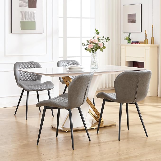 Dining Chairs Set of 4, Comfy Modern Dining Chairs with Thick Cushions, Upholstered Fabric Kitchen Side Chairs with Adjustable Metal Legs for Dining Room (Light Grey)