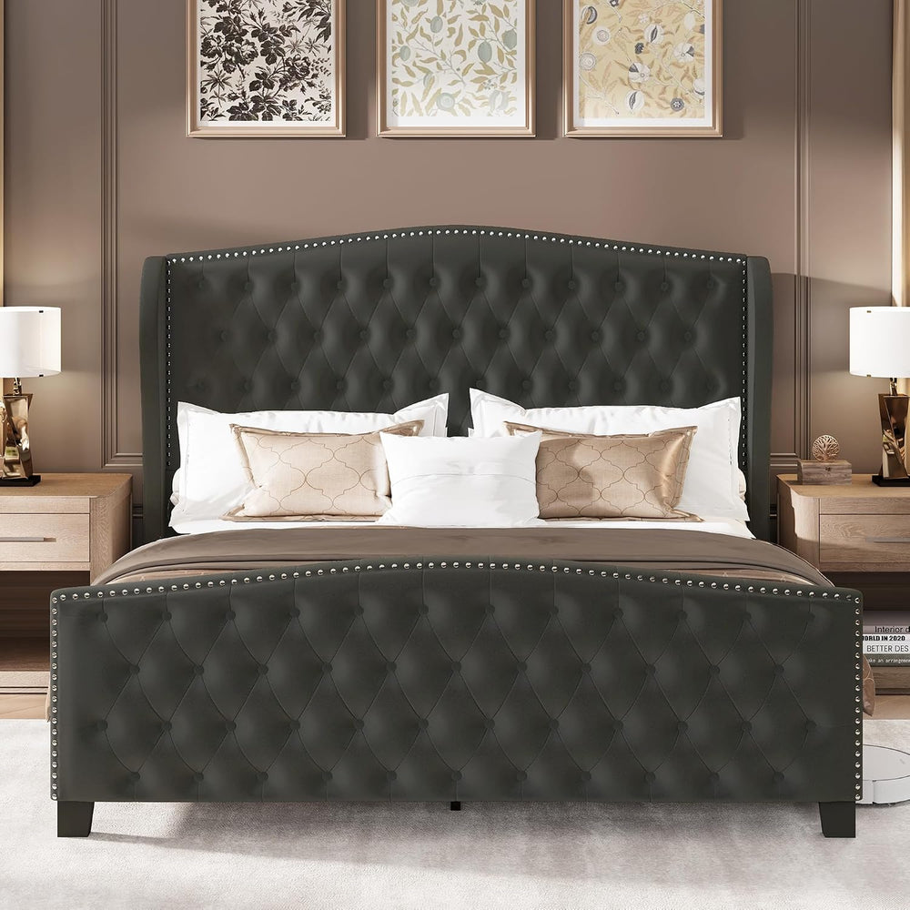 LARMACE King Size Bed Frame Velvet Upholstered Platform Bed with Wingback Hea...