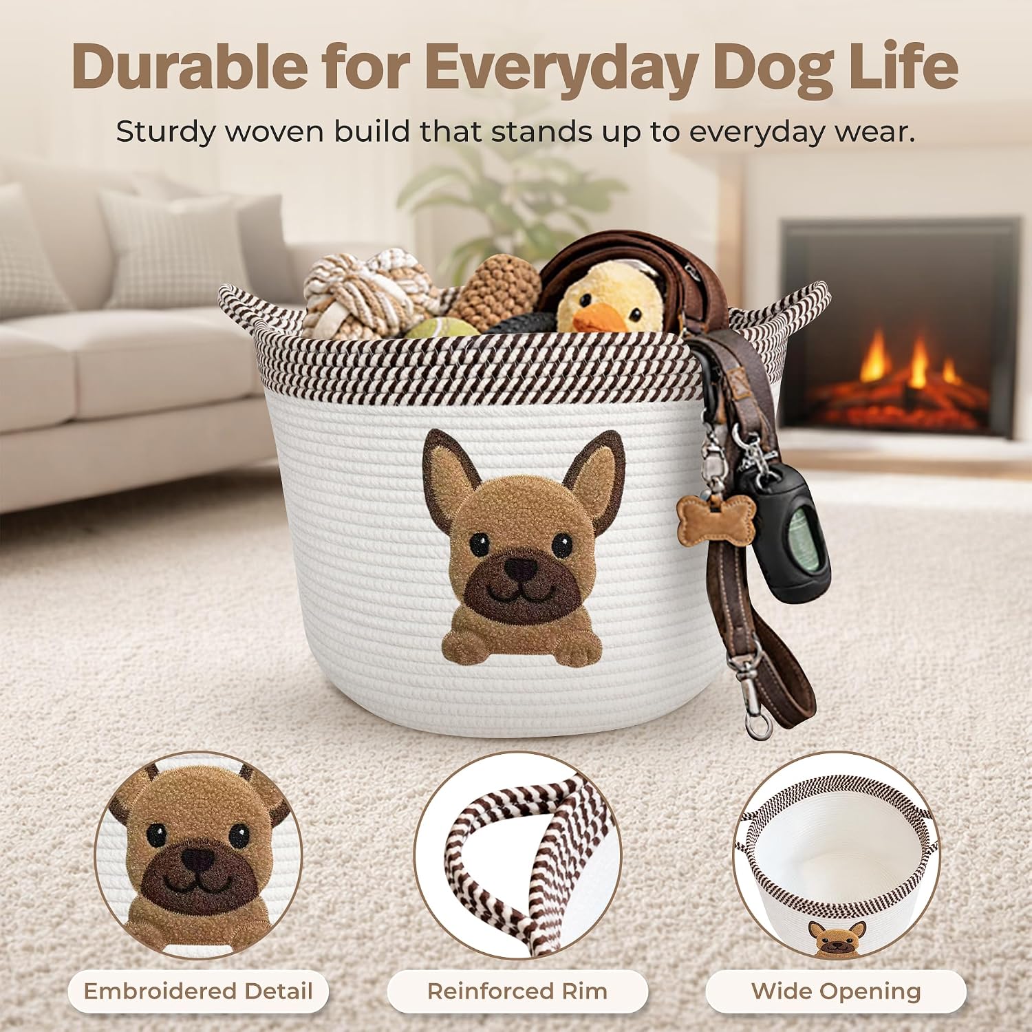 French Bulldog Dog Toy Basket, Pug and Boston Terrier, Cotton Rope Bin | Pet Toy Storage, Blanket and Leash Organizer, Soft Felt Puppy Patch, Dog Mom Gift, Living Room and Crate Side Bin, Spot Clean