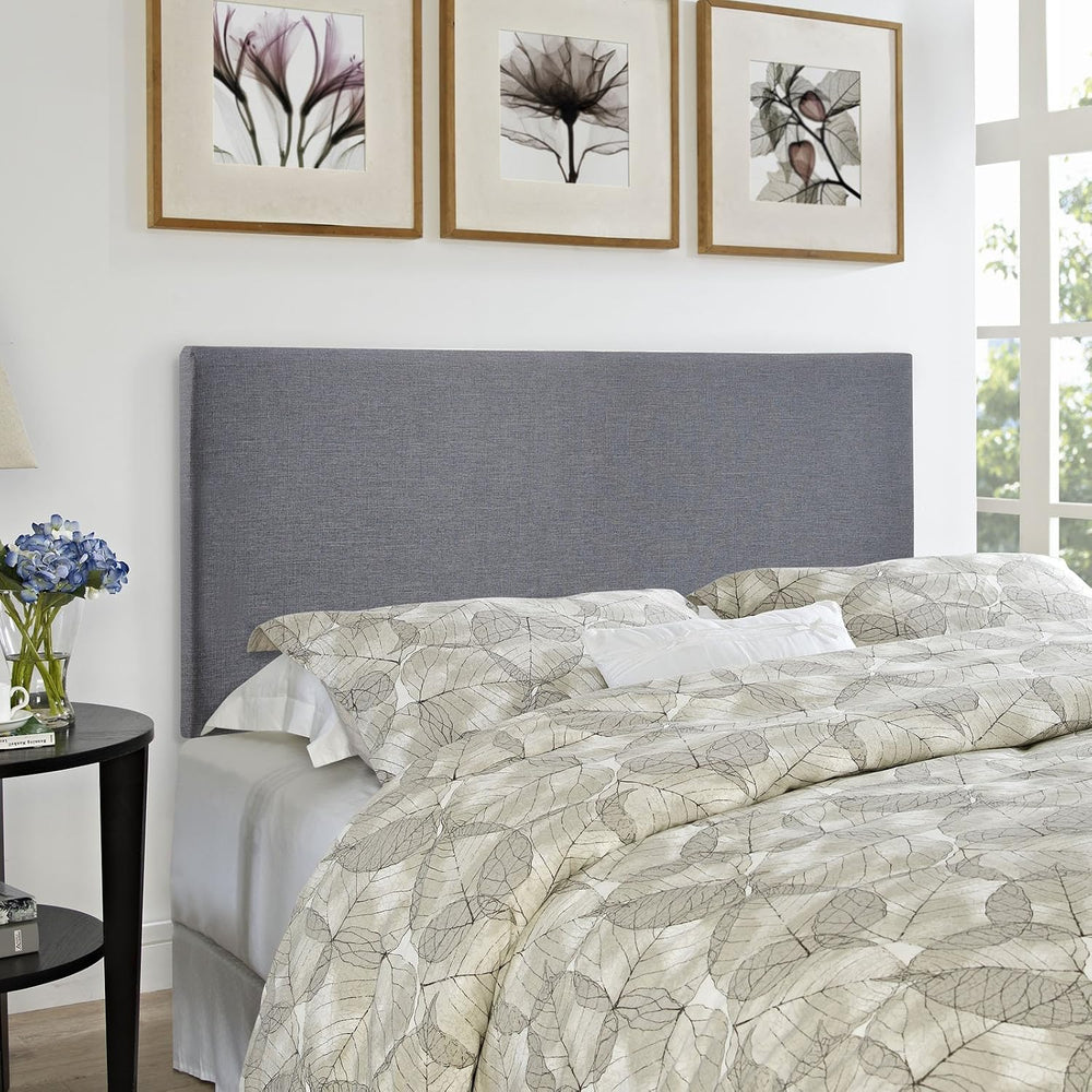 Modern Contemporary Queen Size Upholstered Headboard, Grey Fabric