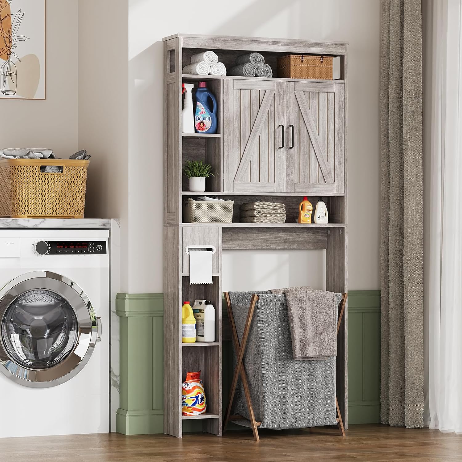 Over The Toilet Storage Cabinet with 6 Shelves, Farmhouse Bathroom Storage Cabinet with 2 Barn Door & Toilet Paper Holder Stand, Toilet Shelf with Adjustable Shelf for Bathroom Laundry
