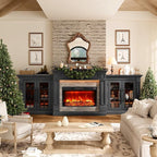 Naice 104" Fireplace TV Stand, Electric Fireplace Mantel with Large Cabinets Tempered Glass Doors, LED Light & Power Outlet, Media Entertainment Center with 30" Insert Heater for Living Room,Black