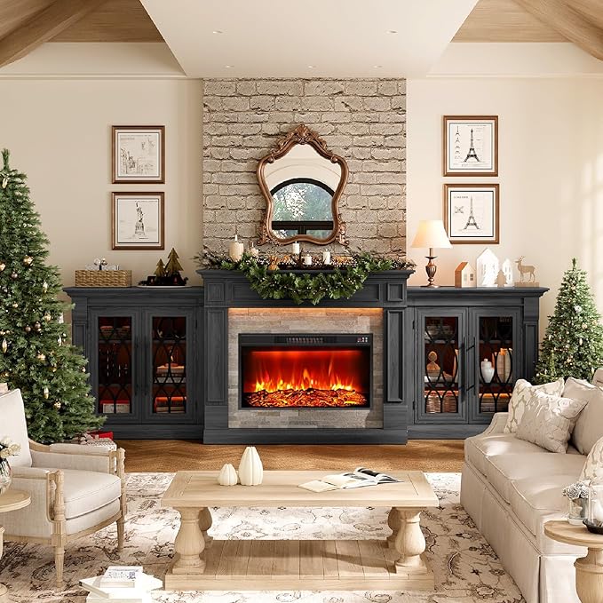 Naice 104" Fireplace TV Stand, Electric Fireplace Mantel with Large Cabinets Tempered Glass Doors, LED Light & Power Outlet, Media Entertainment Center with 30" Insert Heater for Living Room,Black