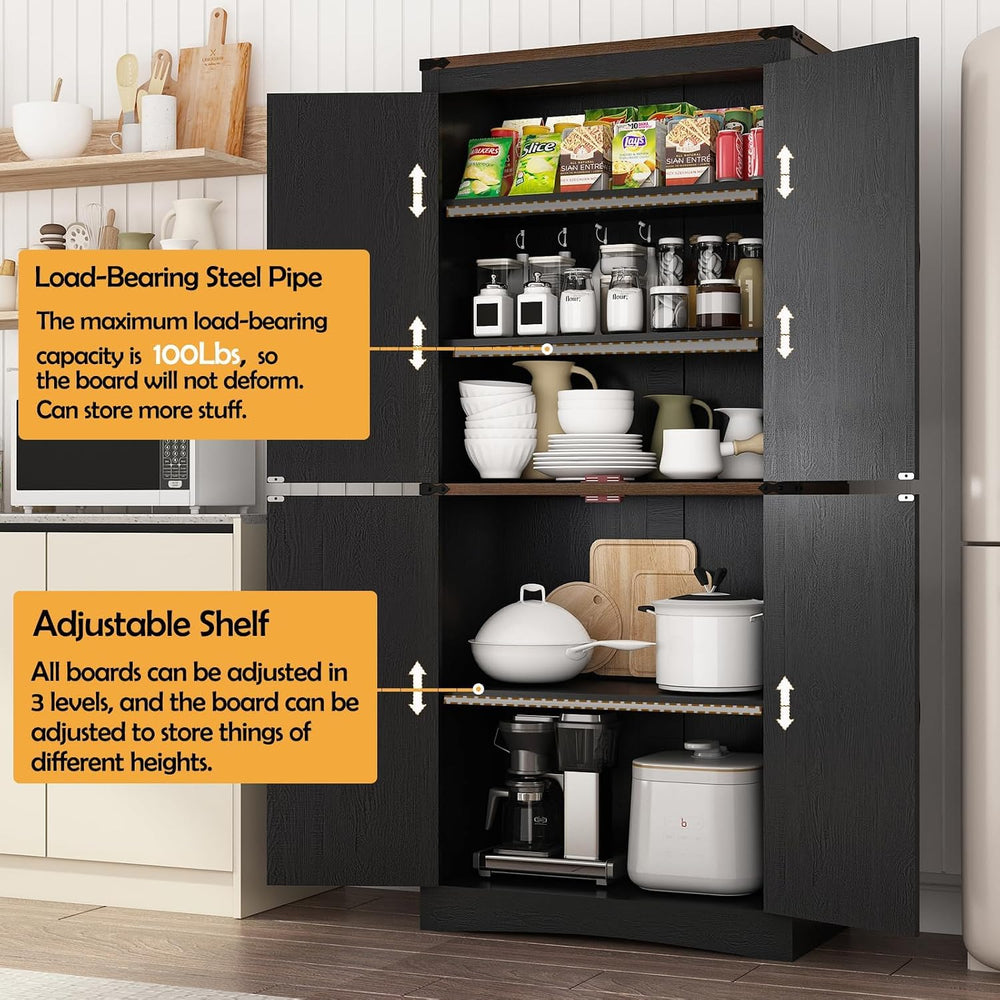 71in Farmhouse Kitchen Pantry Cabinet,Tall Storage Cabinet with 4 Doors and A...