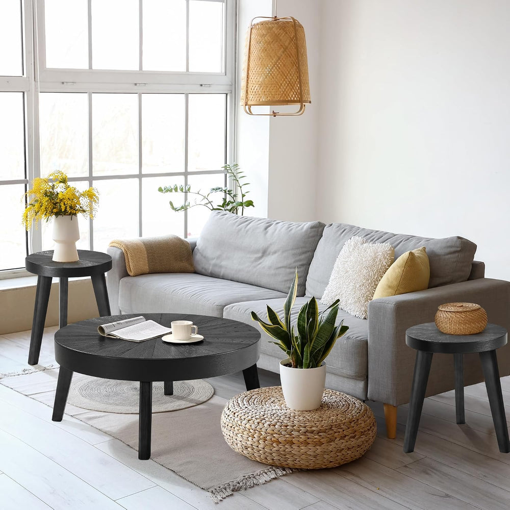 HOKYHOKY Farmhouse Round Coffee Table Set of 3, Coffee and End Table, Black |...