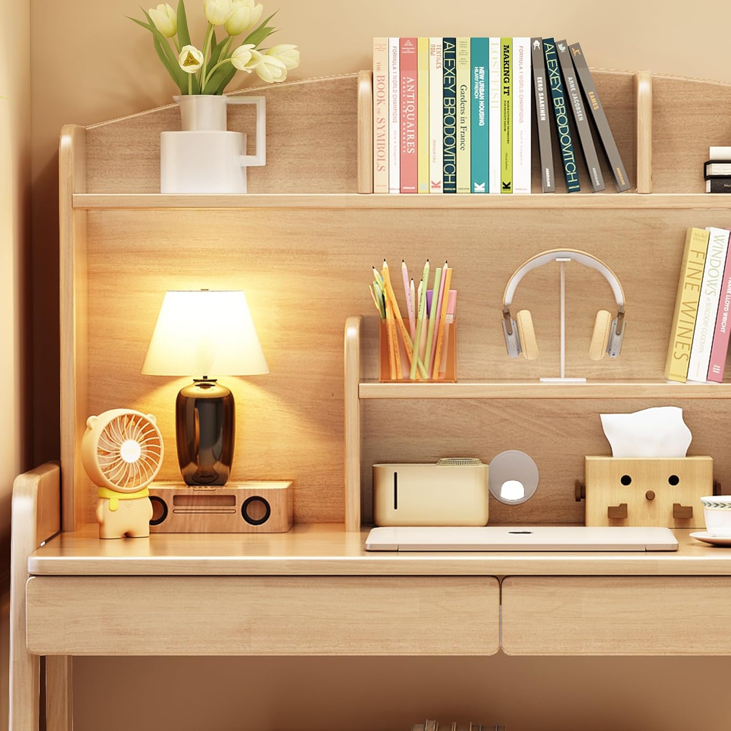 Kids Desk and Chair Set Wooden Children's Learning Table and Chair with Hutch and Two Drawers Children Study,Writing,Computer,Workstation Desk for 3 and Above(Nature