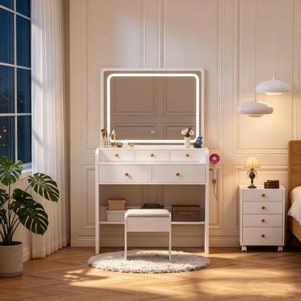 Makeup Vanity Desk Set with LED Lighted Mirror Glass Top Dressing Table &...