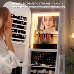 360°Swivel jewelry organizer with Full Length Mirror with Lights,Jewelry Armoires Cabinet Standing with Drawer,Large Mirror Storage for Jewelry and Makeup（White）