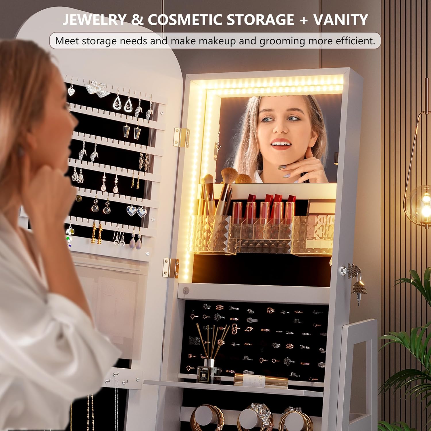 360°Swivel jewelry organizer with Full Length Mirror with Lights,Jewelry Armoires Cabinet Standing with Drawer,Large Mirror Storage for Jewelry and Makeup（White）