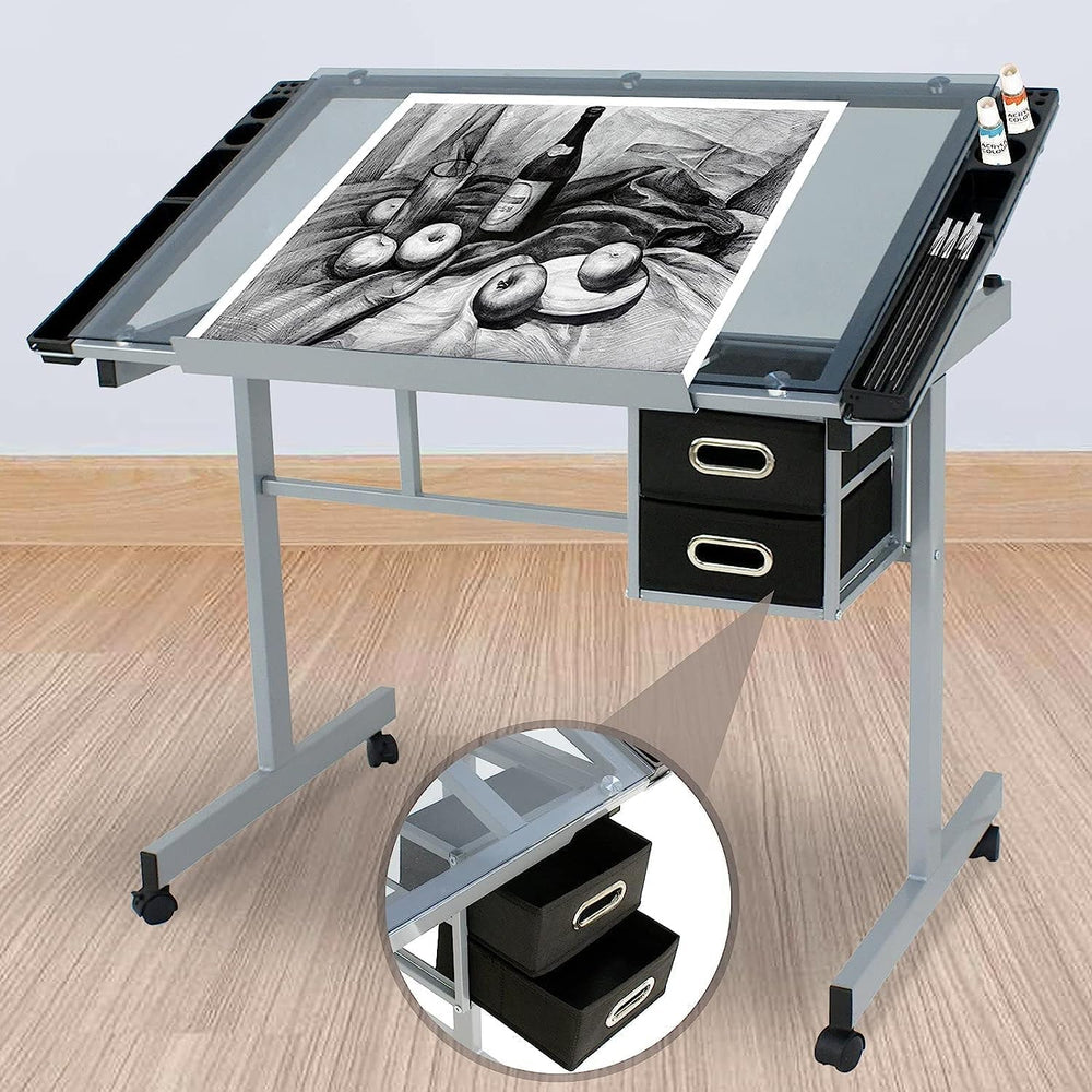Adjustable Drafting Table Drawing Desk Art Craft Station Drafting Desk Glass ...