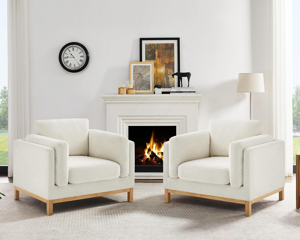 Oversized Accent Chair Set of 2, Modern Upholstered Chairs | Boucle Reading Chair with Solid Wood Legs and 400 lbs Capacity, Cozy Seating for Living Room, Bedroom & Office, Ivory White