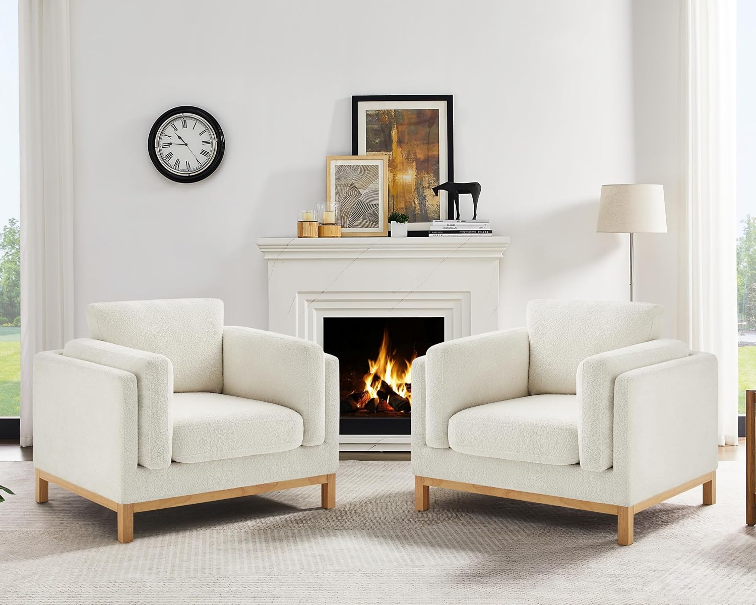 Oversized Accent Chair Set of 2, Modern Upholstered Chairs | Boucle Reading Chair with Solid Wood Legs and 400 lbs Capacity, Cozy Seating for Living Room, Bedroom & Office, Ivory White