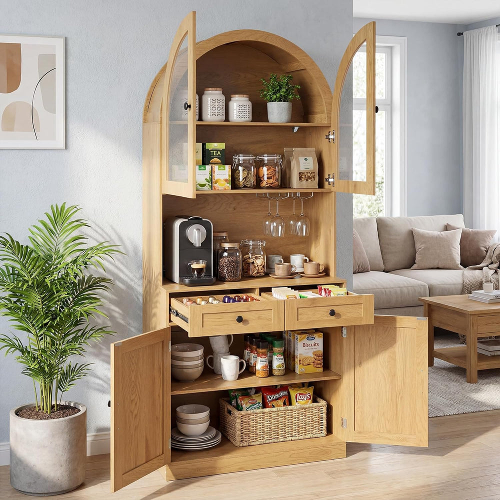 Farmhouse Pantry Cabinet w/Charging Station, Oak | Adjustable Shelves & O...