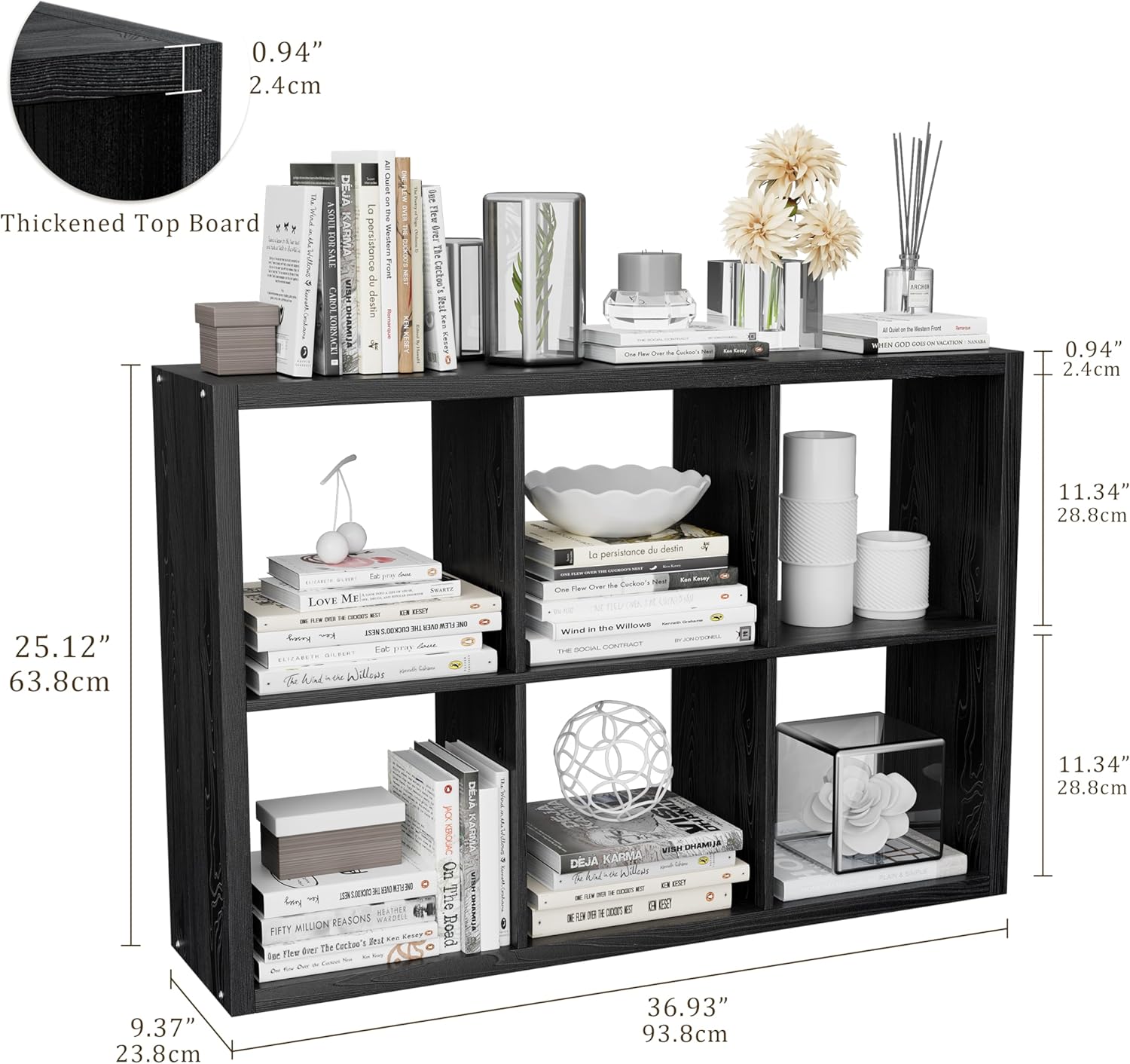 Cube Storage Organizer Bookcase, Decorative 11 inch Open Back Cubical Shelf with Thickened Border, Display Bookshelf for Living Room, Home Office, Sturdy Room (Black, 6 Cube)