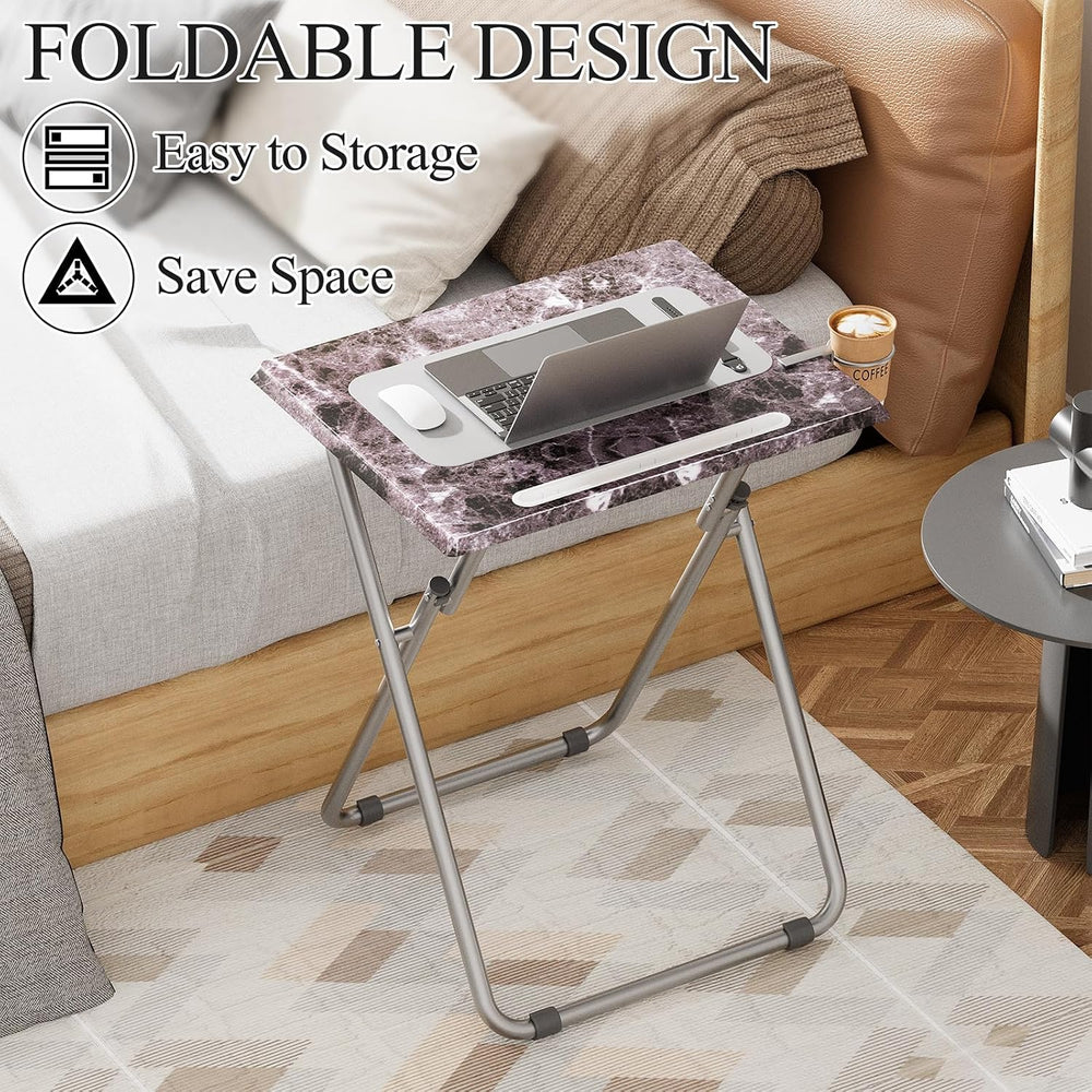 Folding TV Tray Table with Cup Holder, TV Dinner Table with Sturdy MDF Top, E...