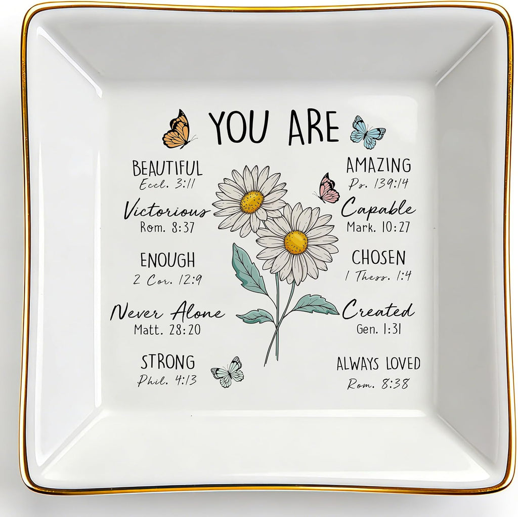 PUDDING CABIN Birthday Gifts for Women, Daisy Scripture Jewelry Dish, Christian Gifts