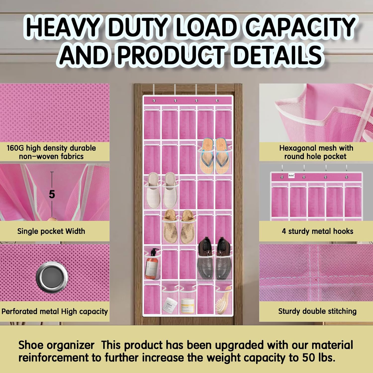 Kotkn Over the Door Shoe Organizer with 30 Breathable Mesh Pockets - Large Capacity Closet Storage for Men & Women, Hanging Shoe Rack Organizer (Pink)