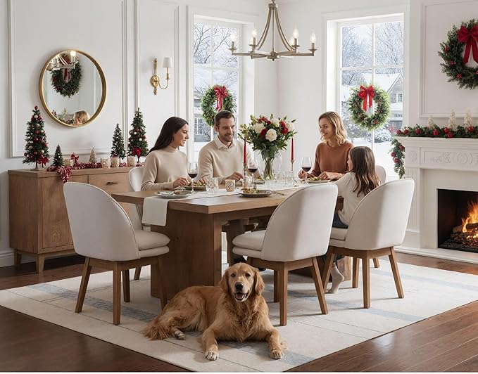 Wahson Upholstered Dining Chairs Set of 6, Modern Linen Fabric Dining Room Chairs with Solid Wood Legs & Double-Padded Seat, Swivel Accent Desk Chair for Kitchen Dining Room Restaurant - Beige