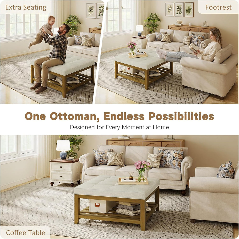 Befurtori Large Square Ottoman Coffee Table, Linen Solid Upholstered Footrest...