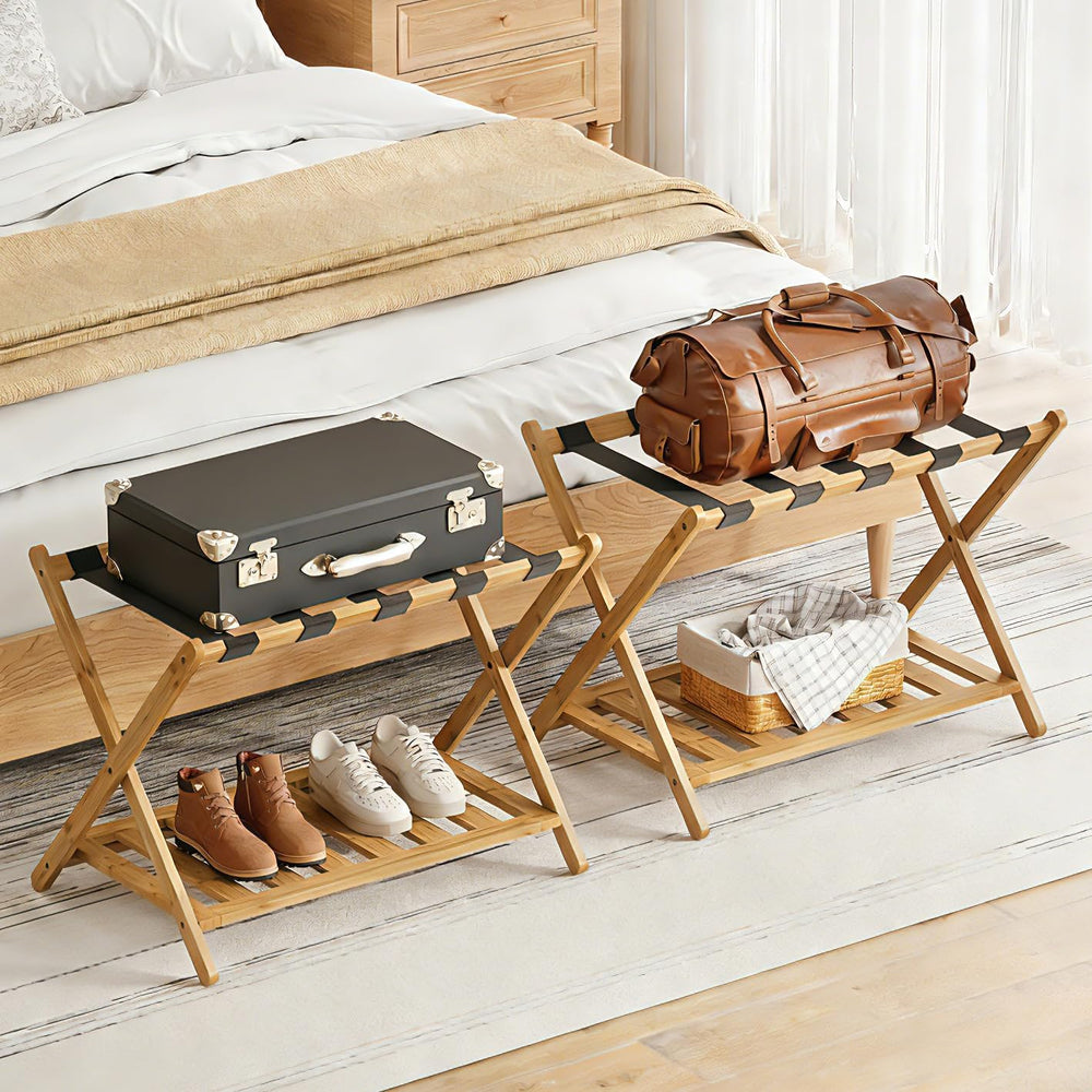 BAMBOOHOMIE Full Assembled Luggage Rack Set of 2, Bamboo Luggage Holder Rack ...