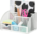 Exerz Desk Organizer 7 Compartments Metal Mesh Pen Holder Caddy White | Compact White Desktop Storage for Notes Clips Scissors Rulers Craft Tools Makeup Study and Home Use