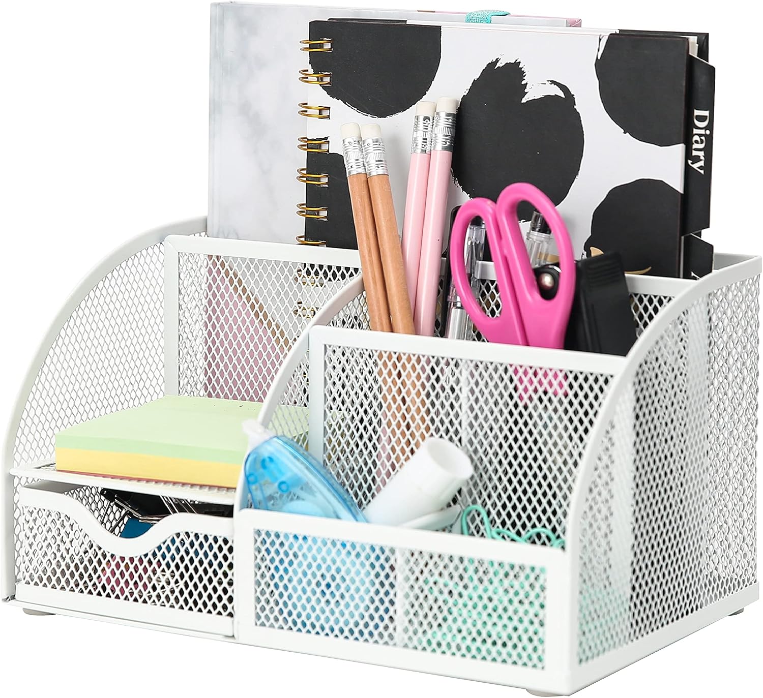 Exerz Desk Organizer 7 Compartments Metal Mesh Pen Holder Caddy White | Compact White Desktop Storage for Notes Clips Scissors Rulers Craft Tools Makeup Study and Home Use