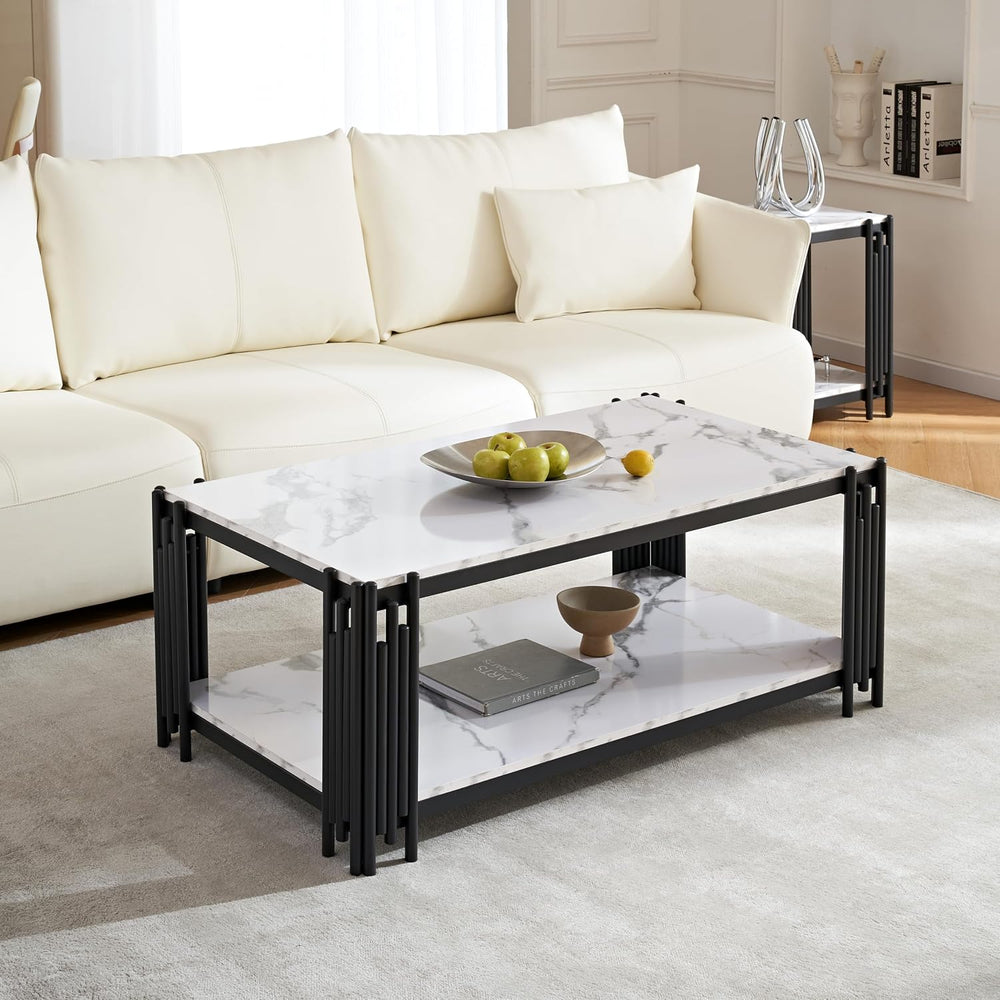 Marble Coffee Table Set of 3, Elegant White Faux Marble Coffee Table End Tabl...