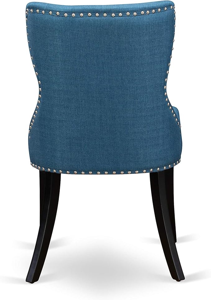 East West Furniture DLSI5-BLK-21 5 Piece Dining Room Table Set Includes a Round Kitchen Table with Dropleaf and 4 Blue Linen Fabric Parson Dining Chairs, 42x42 Inch, Black