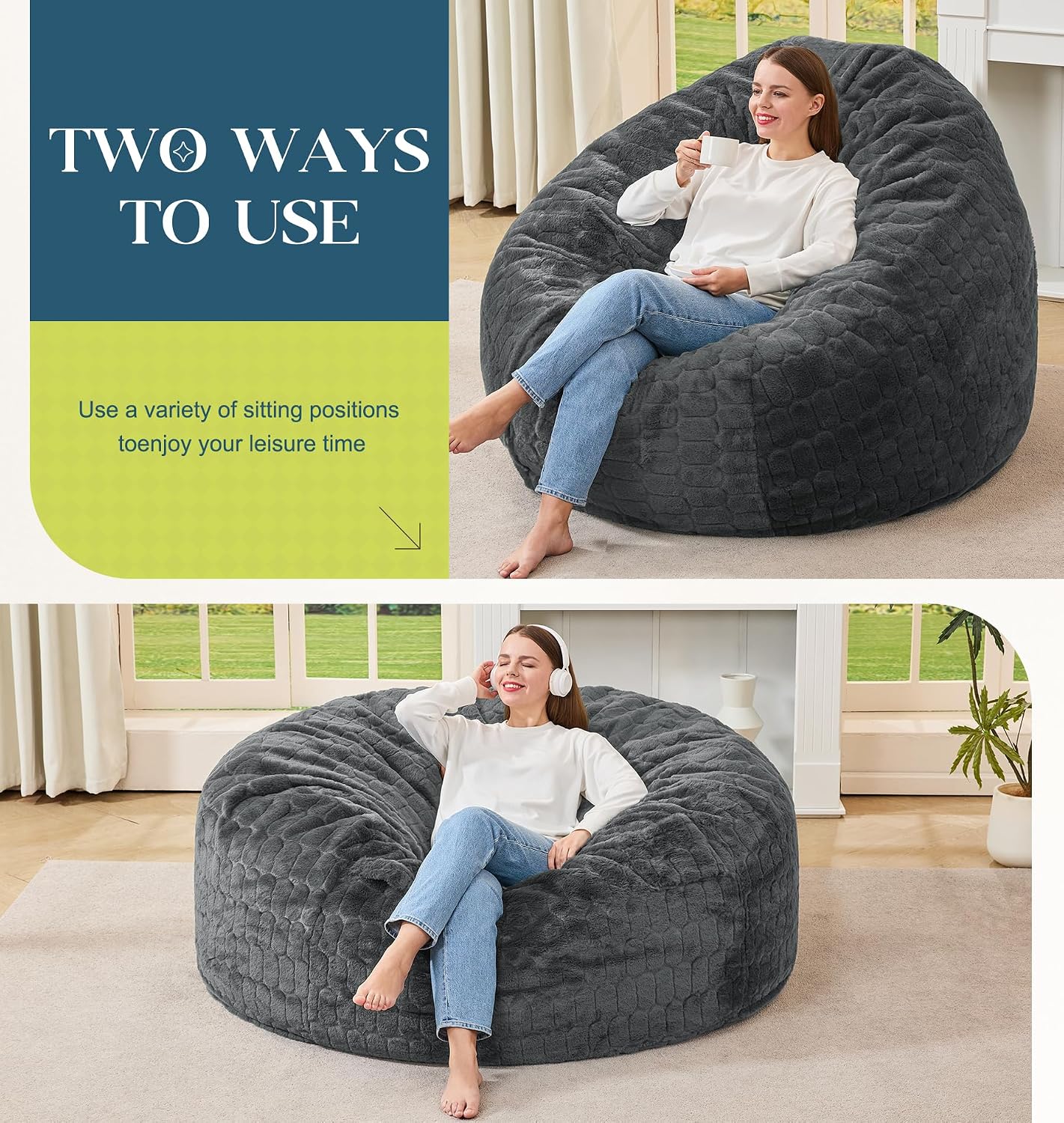 Hobestluk Adults Bean Bag Chair 5FT Big BeanBag Chair Giant Large Oversized | Memory Foam,Washable Cover,Unique Fluffy Plaid,Comfy Filled Big Bean Bag Lounging Gaming Bedroom Living Room | Dark Grey 5FT
