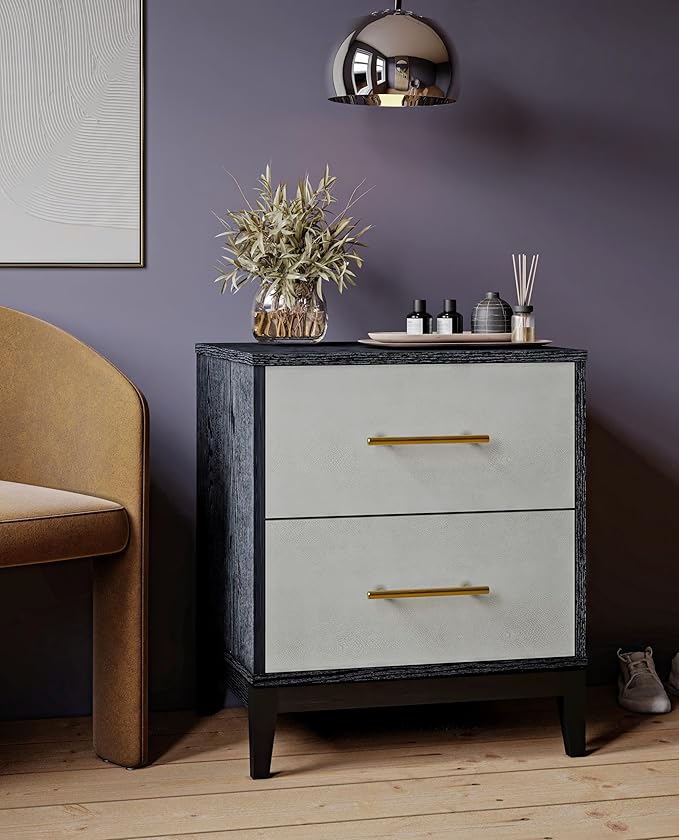 Sango Shagreen 2-Drawer Nightstand, Modern Black Bedside Table with Gray Faux Shagreen Drawer Fronts, Brass Handles, Sturdy Legs, Elegant Storage for Contemporary & Luxury Homes