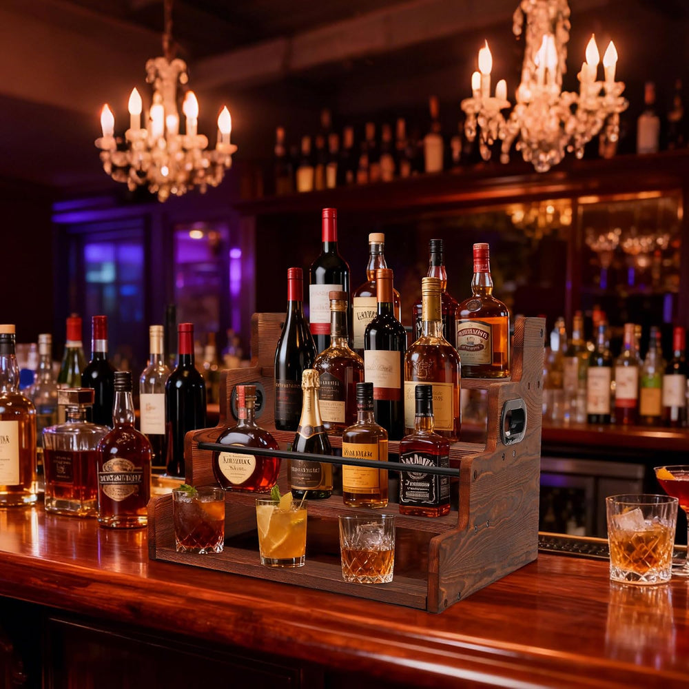 4-Tier Bottle Display Shelf, Wood Countertop Liquor Rack for Home Bar Decor |...