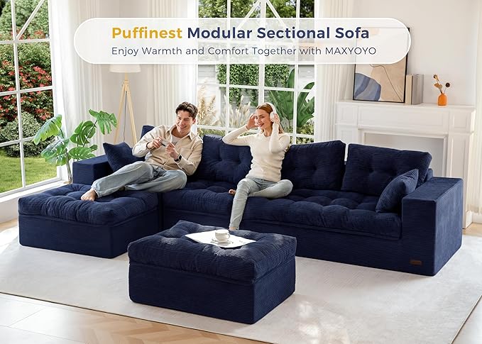 MAXYOYO 132" U Shaped Modular Sectional Sofa with 2 Ottomans, Cloud Boneless Couch with Layered Cushion, Flexible Module Combination Sofa for Living Room, No Assembly Required, Navy