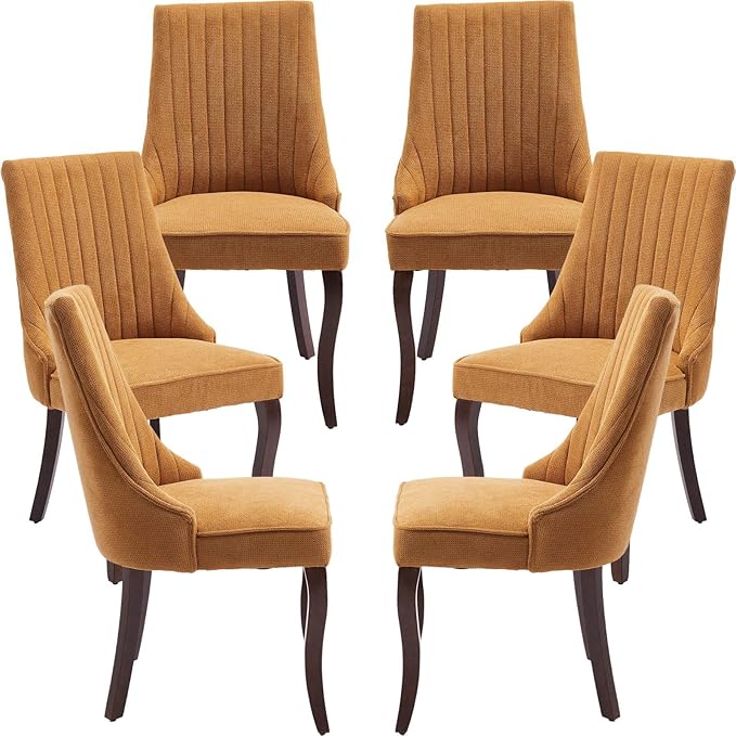 Modern Dining Chairs Set of 6, Mid Century Kitchen & Dining Room Chairs, Linen Upholstered Kitchen Chairs with Wood Legs, Sillas de Comedor, Easy Assembly, Yellow, 6 Pieces