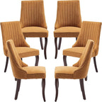 Modern Dining Chairs Set of 6, Mid Century Kitchen & Dining Room Chairs, Linen Upholstered Kitchen Chairs with Wood Legs, Sillas de Comedor, Easy Assembly, Yellow, 6 Pieces