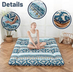 Japanese Floor Mattress, Futon Mattress with Portable Storage Bag and Washable Cover, Roll Up Thick Tatami Mat Suitable for Camping, Guest Room (Blue Striped Jacquard, Full)