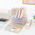 Desk Organizers and Accessories, 3-Tier Paper Organizer with 5 Vertical File Holders, File Organizer for Desk (Rose Gold With Drawer, 3T With Drawer)