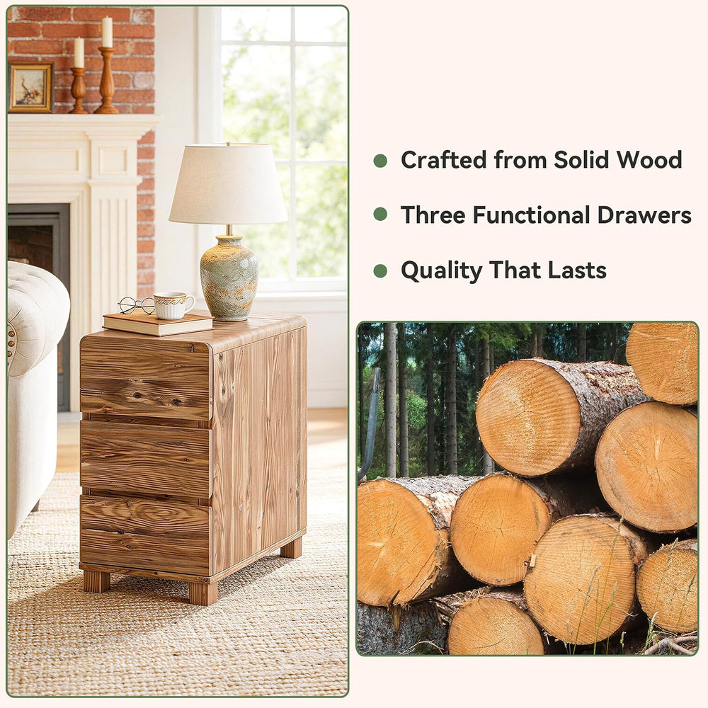 Set of 2 3 Drawers Solid Wood Side End Table for Living Room, Rustic Farmhous...