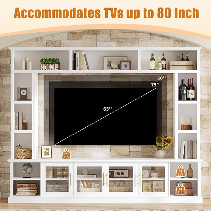 Merax 95" Entertainment Center for TVs up to 80", All-in-One TV Stand with Bookshelves & Storage Cabinets & Tempered Glass Doors & Adjustable Shelves, Modern Living Room Wall Unit Media Console, White