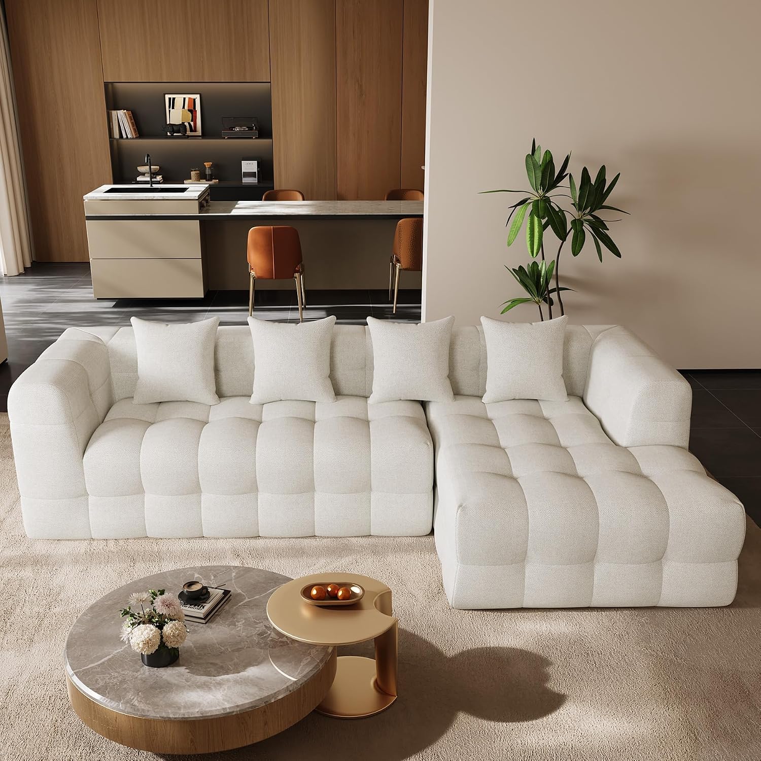 120" Oversized Modular Sectional Couch,Cloud Sectional Sofa with Deep Seat, Modern Modular Couch with 4 Throw Pillows,L-Shaped Chenille Sofa Couches with Right Facing Chaise for Living Room, Beige