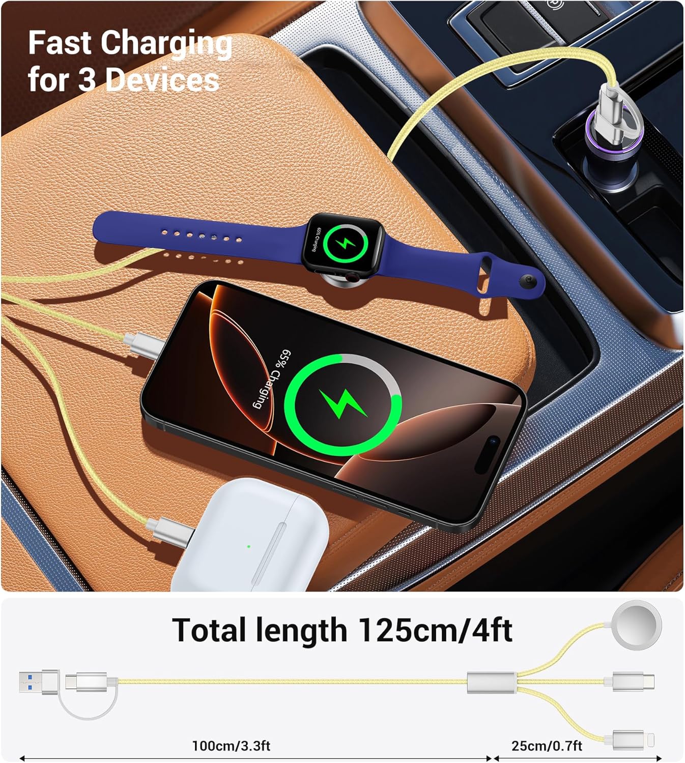Temdan for Travel Vacation Essentials,3 in 2 USB C Cable for Apple Watch Charger/iPhone 17 Charger/Lightning,Multi Charging Cable Cord,Camping Essentials,Designed for iWatch &iPhone 16-12-4FT Yellow