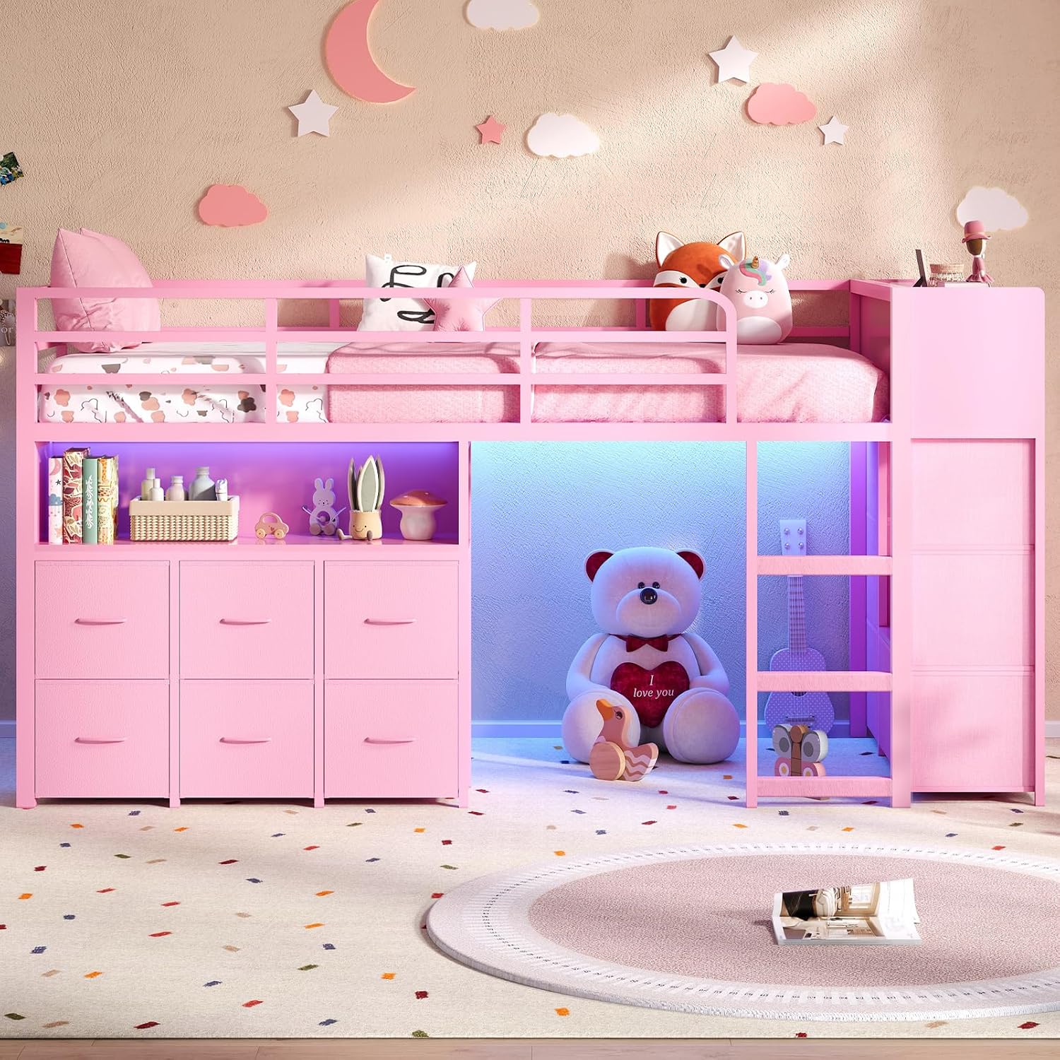 Low Loft Bed Twin Size with 13 Storage Drawers & Bookshelf, Twin Loft Bed with RGB LED Lights & Power Outlets, Metal Loft Bed with Safety Guardrail & Under-Bed Play Space, Pink