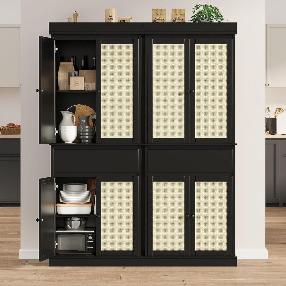 Tall Kitchen Pantry Cabinet with Rattan Doors, Adjustable Shelves & Drawe...