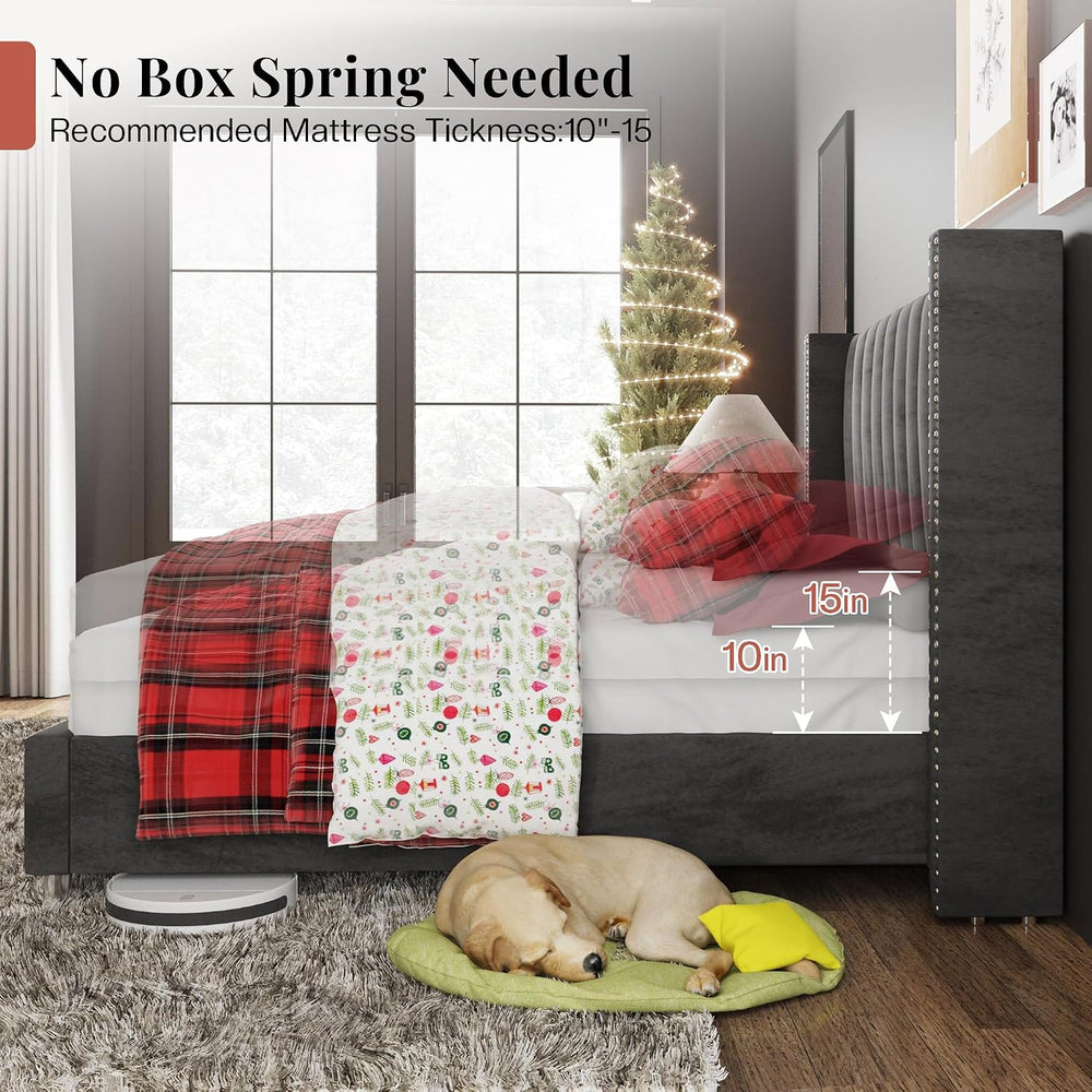Jocisland King Size Bed Frame Velvet Upholstered Wingback Headboard, Grey