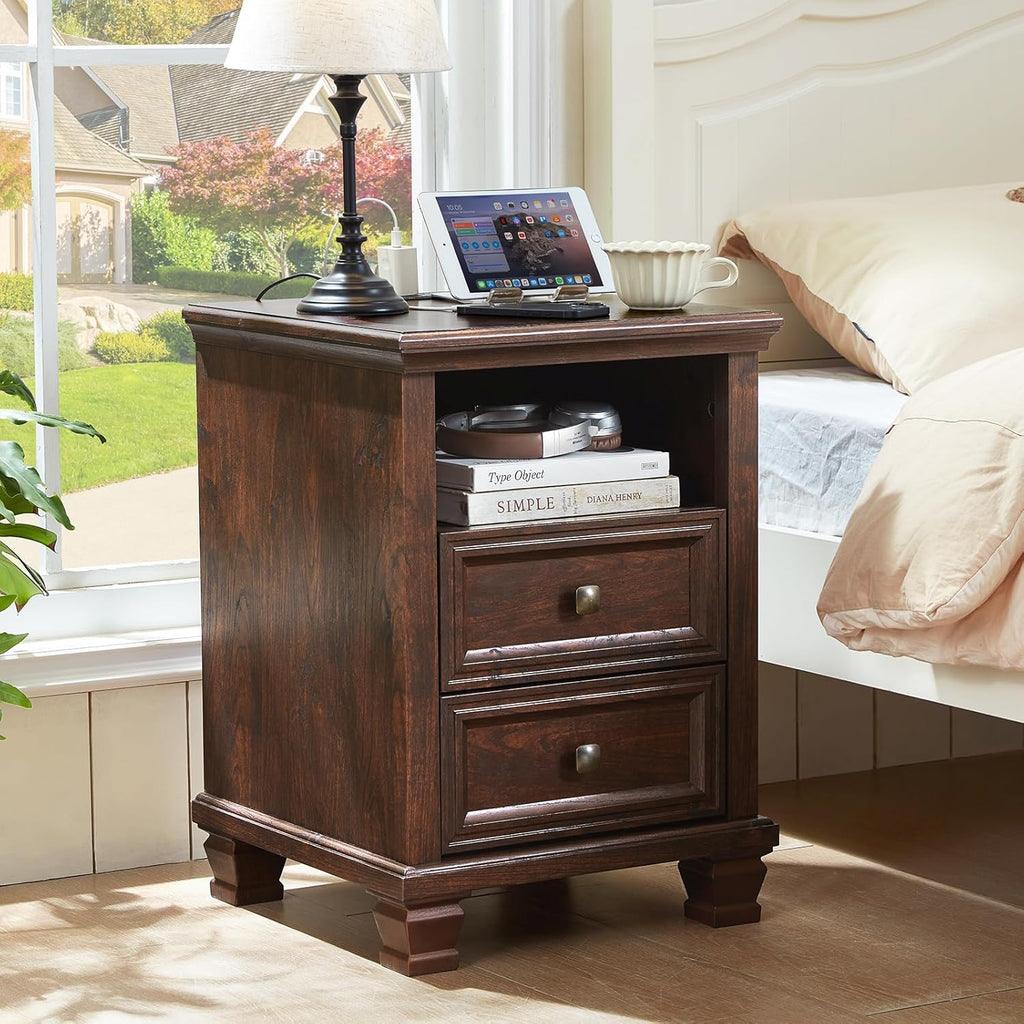 SAVOR LIFE Farmhouse Nightstand with Charging Station, Walnut | End Tables Bedroom with 2 Drawers, Traditional Night Stand with Open Shelf & Thickened Top & Square Wooden Legs
