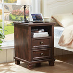SAVOR LIFE Farmhouse Nightstand with Charging Station, Walnut | End Tables Bedroom with 2 Drawers, Traditional Night Stand with Open Shelf & Thickened Top & Square Wooden Legs